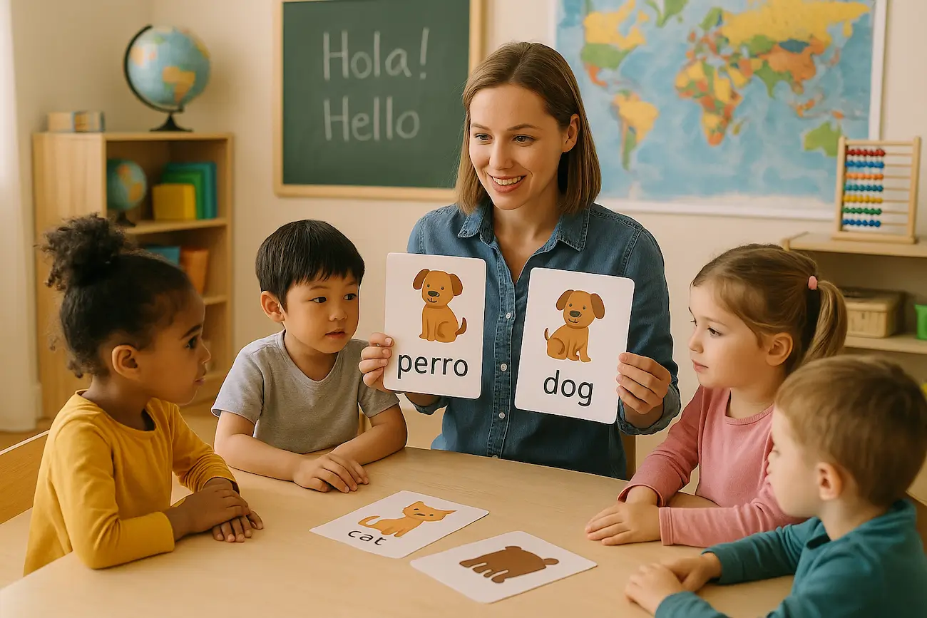 Nauczycielka siedząca przy stole z grupą małych dzieci pokazuje karty obrazkowe z rysunkiem psa i podpisami „perro” oraz „dog”. Dzieci uważnie słuchają i uczą się słownictwa w dwóch językach – hiszpańskim i angielskim. W tle widać mapę świata, globus i tablicę z napisem ‘Hola! Hello!’. Obraz ukazuje atmosferę zabawy i nauki w przedszkolu dwujęzycznym oraz wspiera ideę wczesnej edukacji językowej.