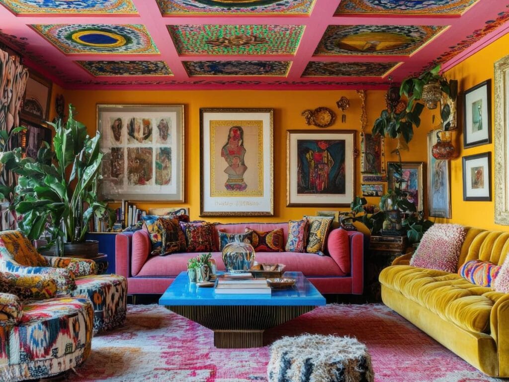 Kolorowe i ciekawe wnętrze salonu, łączące różne style.