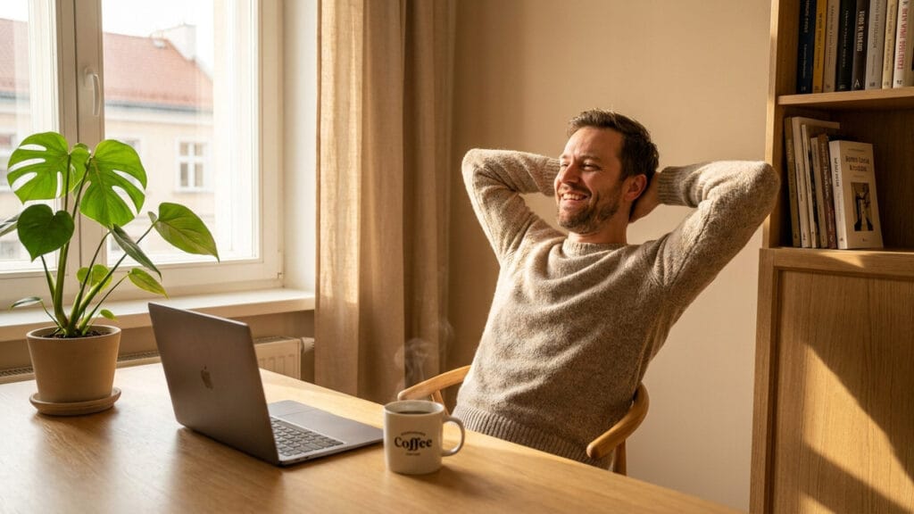 Uśmiechnięty mężczyzna w swetrze siedzi przy biurku z rękami za głową, obok laptopa i kubka z napisem „Coffee”.