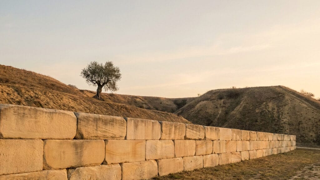 Mur z wielkich kamiennych bloków biegnie skosem przez suche wzgórza; na szczycie jednego stoi samotne drzewo oliwne, niebo jest jasne.