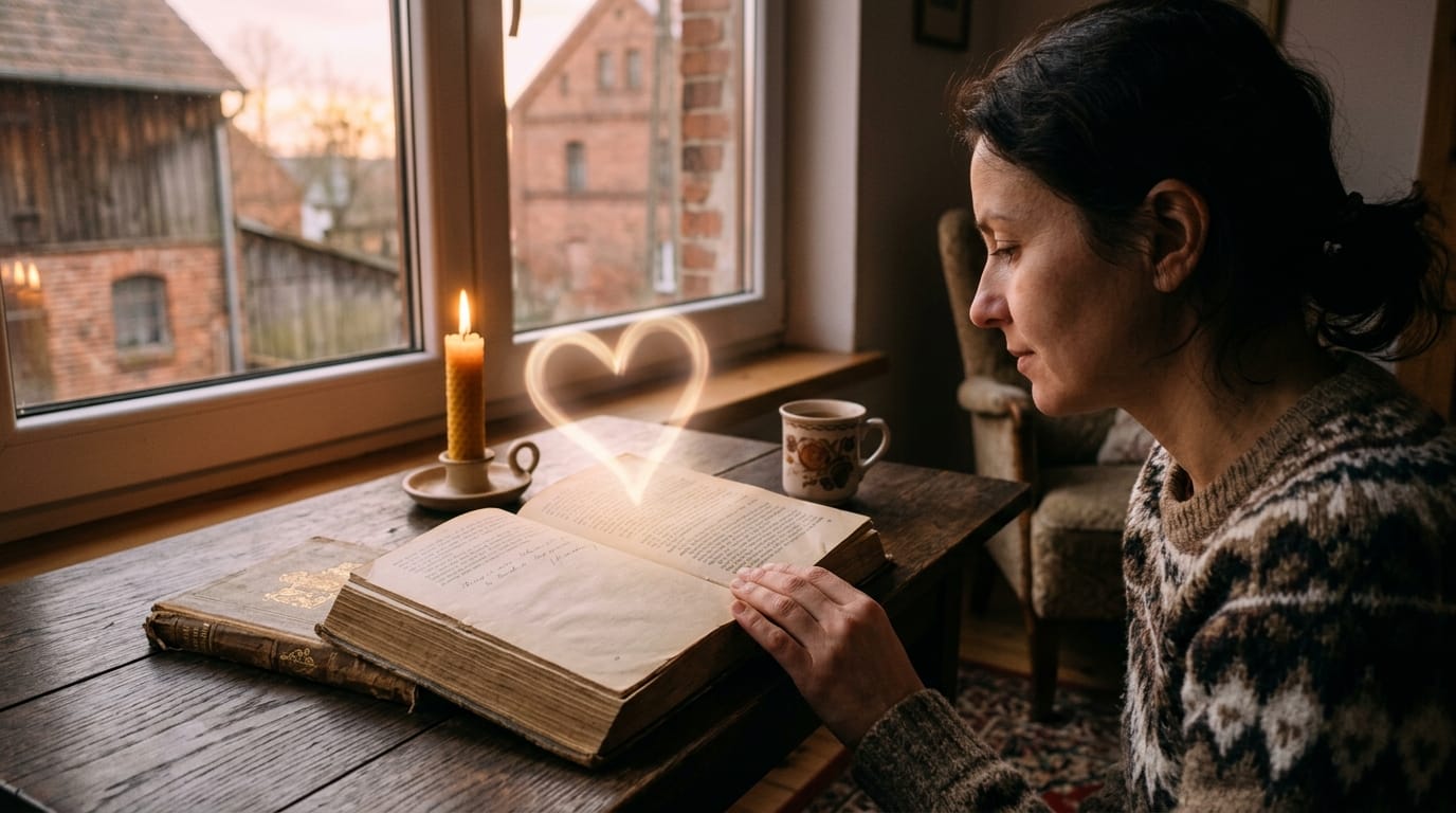 Kobieta czyta starą książkę przy oknie, nad kartkami unosi się świetlisty zarys serca, obok stoi zapalona świeca.