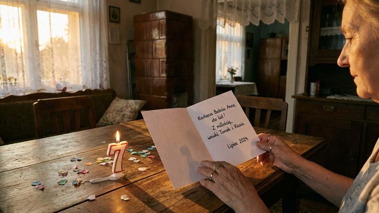 Starsza kobieta przy stole czyta kartkę: „Kochana Babciu Anno, sto lat! Z miłością, wnuki Tomek i Kasia. Lipiec 2024.”, obok stoi zapalona świeczka w kształcie cyfry 7.