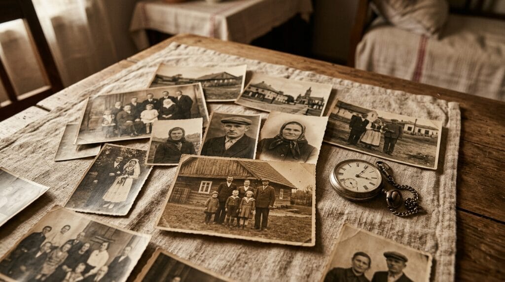 Stare fotografie i zegarek kieszonkowy rozłożone na lnianym obrusie
