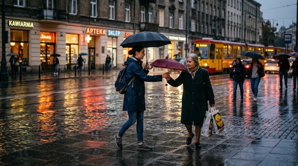 Dłoń podająca parasol drugiej osobie na deszczowym miejskim chodniku
