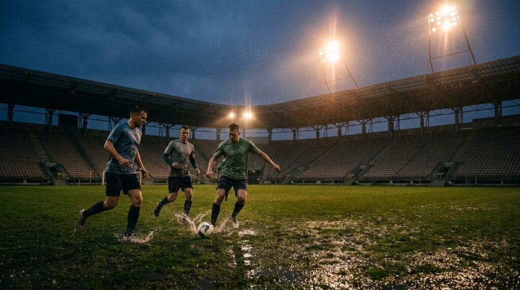 Piłka nożna na mokrej murawie stadionu o zmierzchu przy zapalonych jupiterach