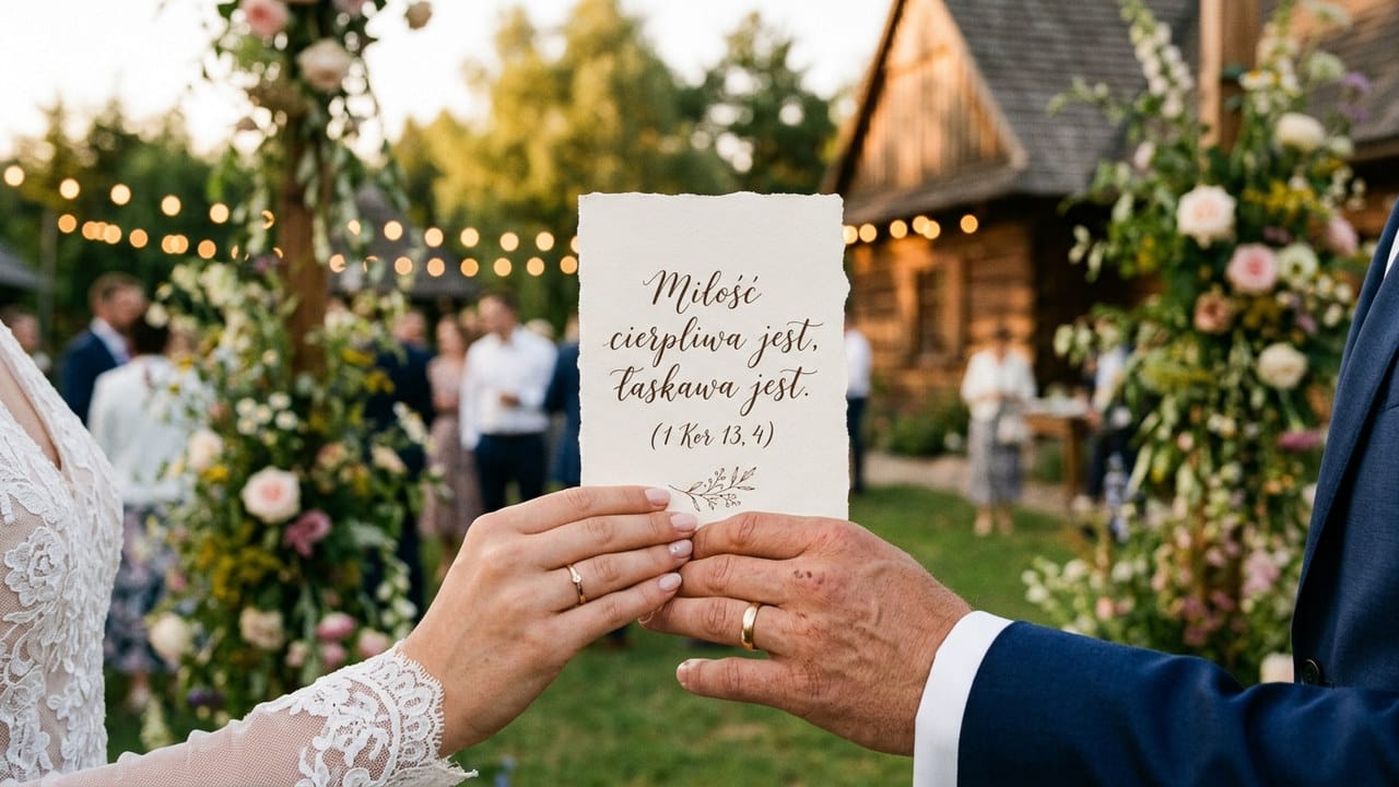 Para młoda trzyma kartkę z napisem „Miłość cierpliwa jest, łaskawa jest. (1 Kor 13, 4)” na tle plenerowego przyjęcia.